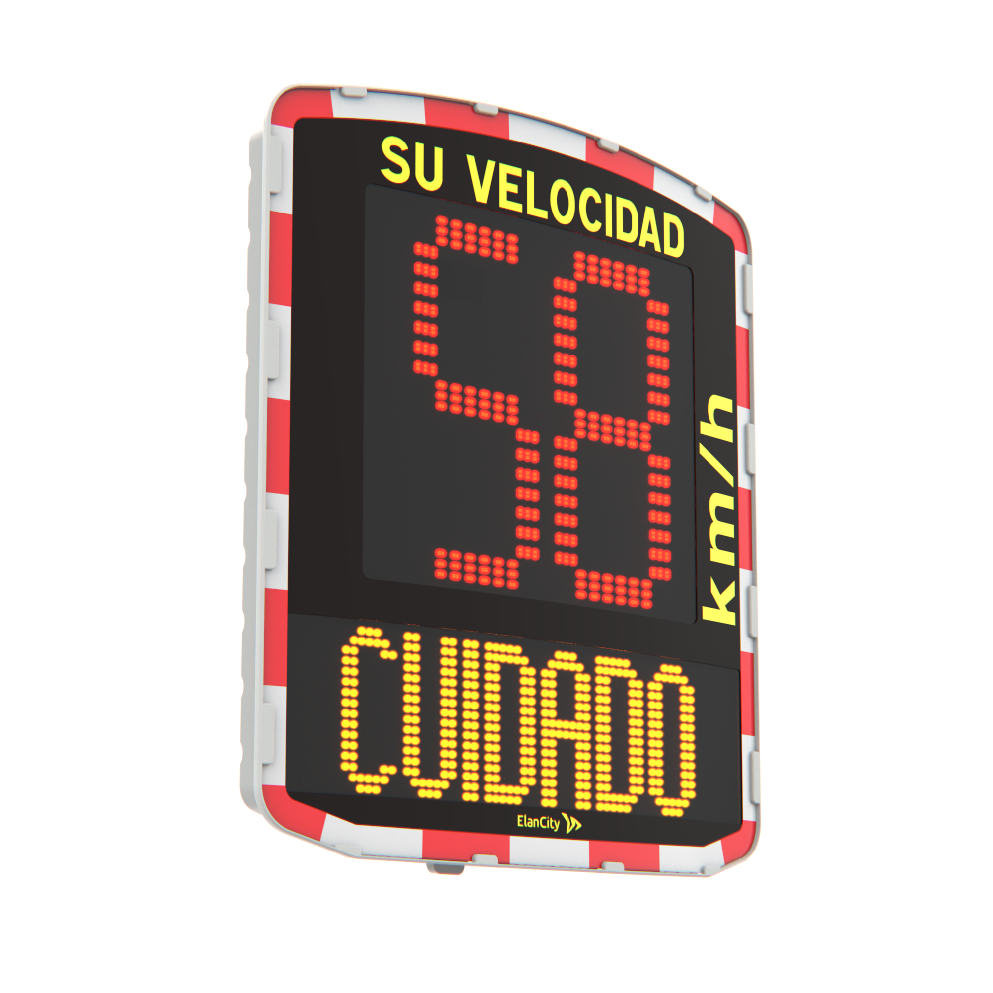Visual del radar pedagógico EVOLIS mostrando una velocidad excesiva de 58 km/h y un mensaje de advertencia "CUIDADO"